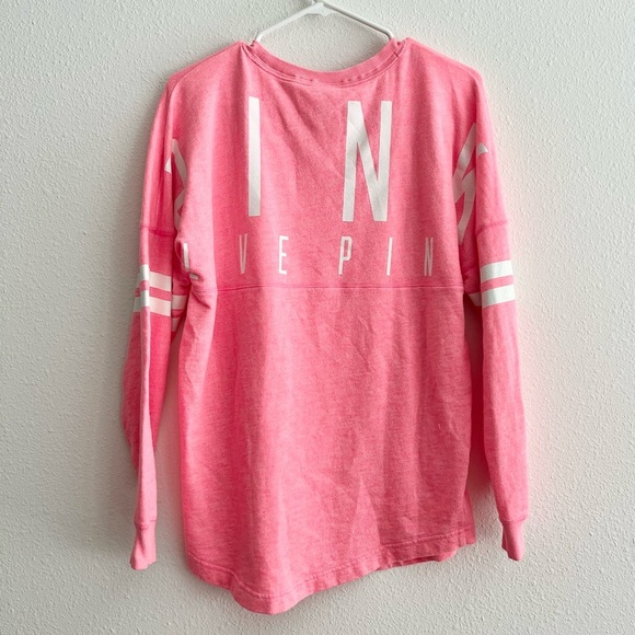 Victoria’s Secret PINK Coral Stripe Dog Logo Varsity Crew Neck Sweatshirt XS - Picture 3 of 7